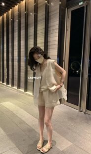 METWO 8723#欧货网纱马甲+短裤两件套休闲宽松显瘦松弛感套装