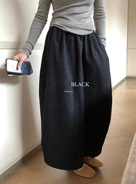 METWO 2148黑色灯芯绒灯笼裙女2024秋高腰宽松显瘦花苞半身长裙