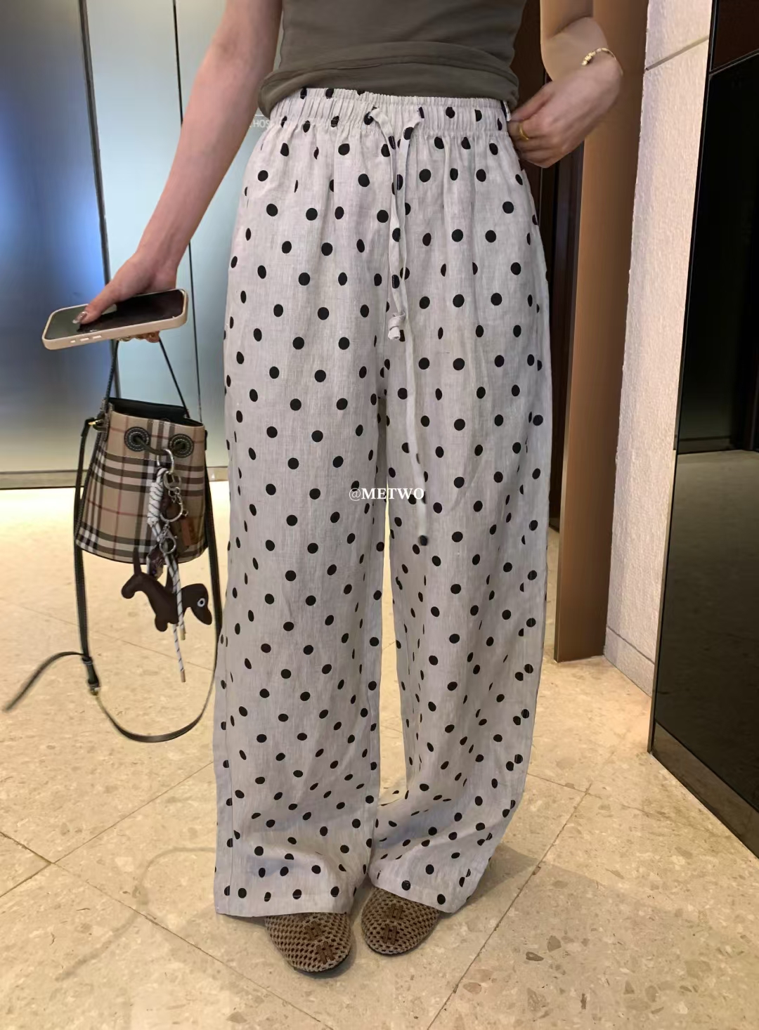 METWO 8900棉麻波点裤女2025夏季新款松紧腰绑带显瘦直筒休闲裤