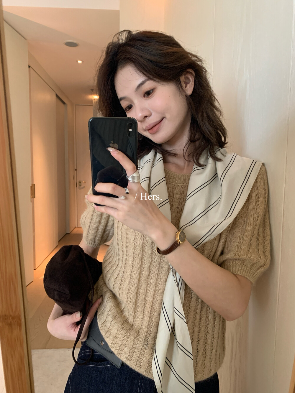 Hers经典绞花短袖针织衫T恤女