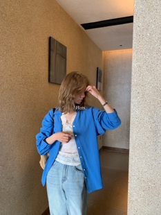 女80192 韩系日常慵懒气质V领休闲百搭蓝色衬衫 一勺甜 Hers