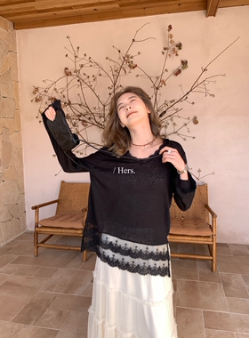 26年早春！【Hers】简约舒适竹节棉V领蕾丝拼接长袖T恤女80253