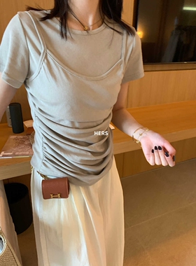 METWO hers韩系褶皱收腰假两件层次感短袖T恤女2025春夏上衣20622