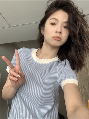 一勺甜【Hers】春夏简约小众调调百搭条纹撞色正肩短袖T恤女20368
