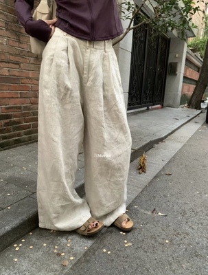 METWO 8265私服亚麻阔腿裤女夏季休闲松弛感直筒棉麻拖地长裤