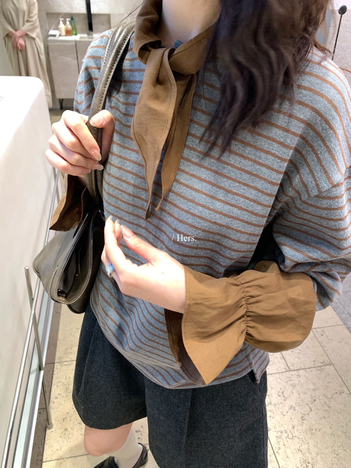 一勺甜 hers 复古学院感假两件设计条纹polo衫秋冬长袖T恤女92324