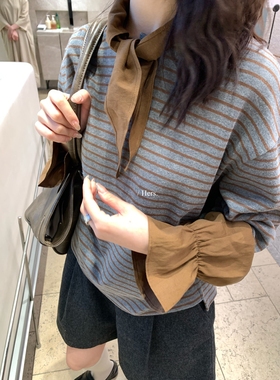 一勺甜 hers 复古学院感假两件设计条纹polo衫秋冬长袖T恤女92324