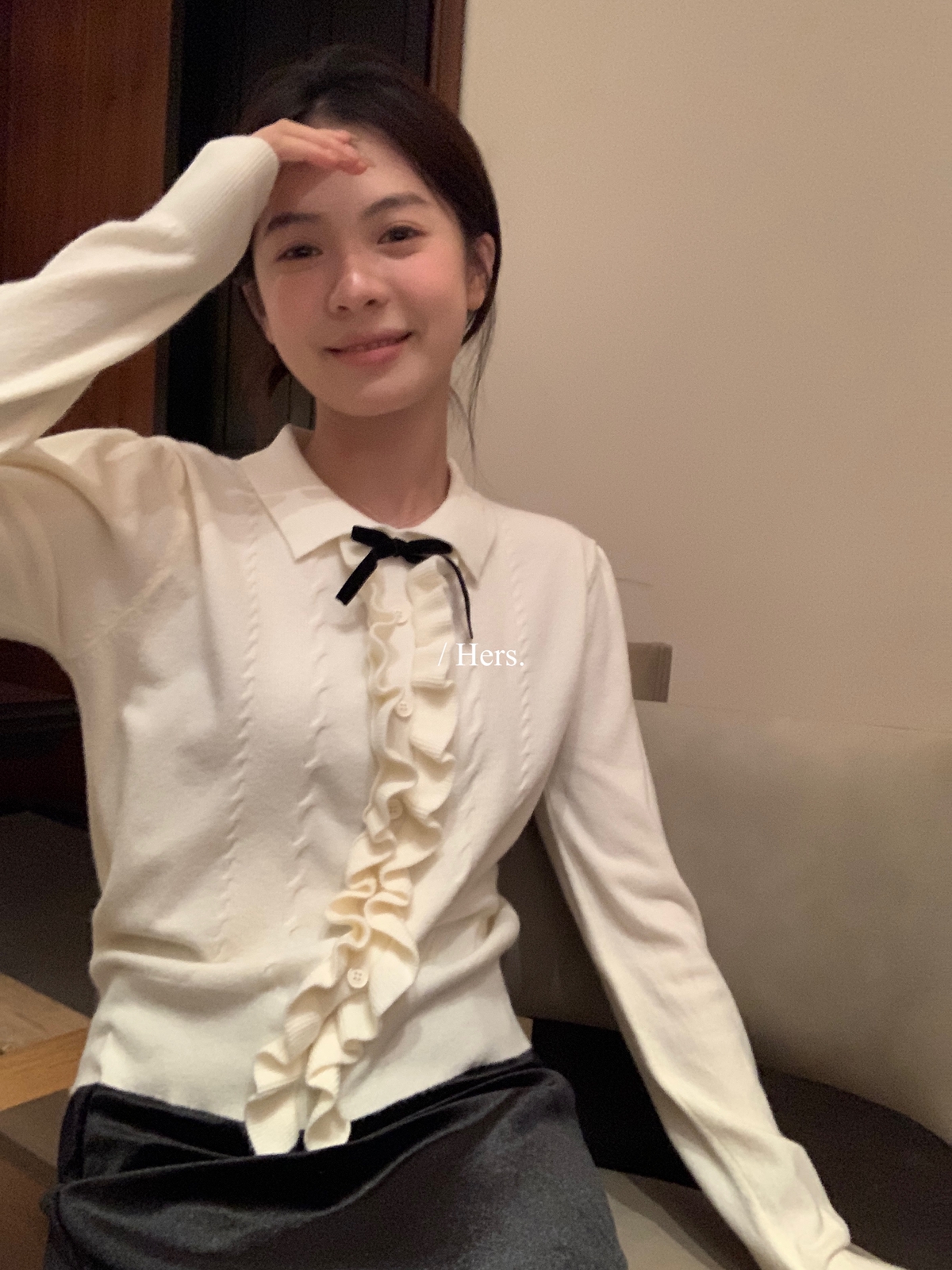 一勺甜 hers韩系木耳边蝴蝶结polo针织衫女2025秋冬减龄毛衣92400