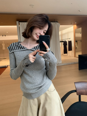 Hers英伦感拼接翻领针织衫女