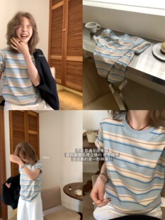 肌理感条纹短袖 26年早春 休闲立体撞色条纹T恤女80187 Hers