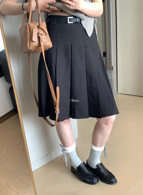 一勺甜 hers配腰带中长款百褶半身裙女2025早秋黑色中裙 92214