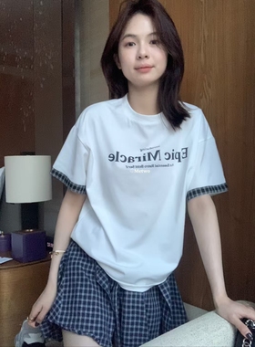 METWO 8736#白色运动套装女夏季韩系简约宽松休闲T恤