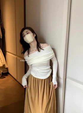 METWO羊毛混纺白色一字肩针织衫女2150秋季薄款新款小衫修身上衣