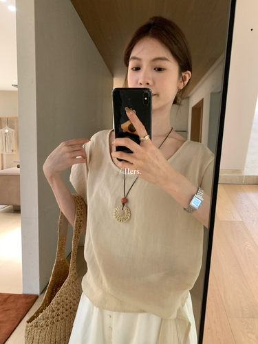 Hers小花苞袖麻料收腰日系小衫女