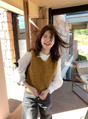一勺甜 hers百搭韩系毛毛针织马甲女2025秋冬v领外穿背心  8331#