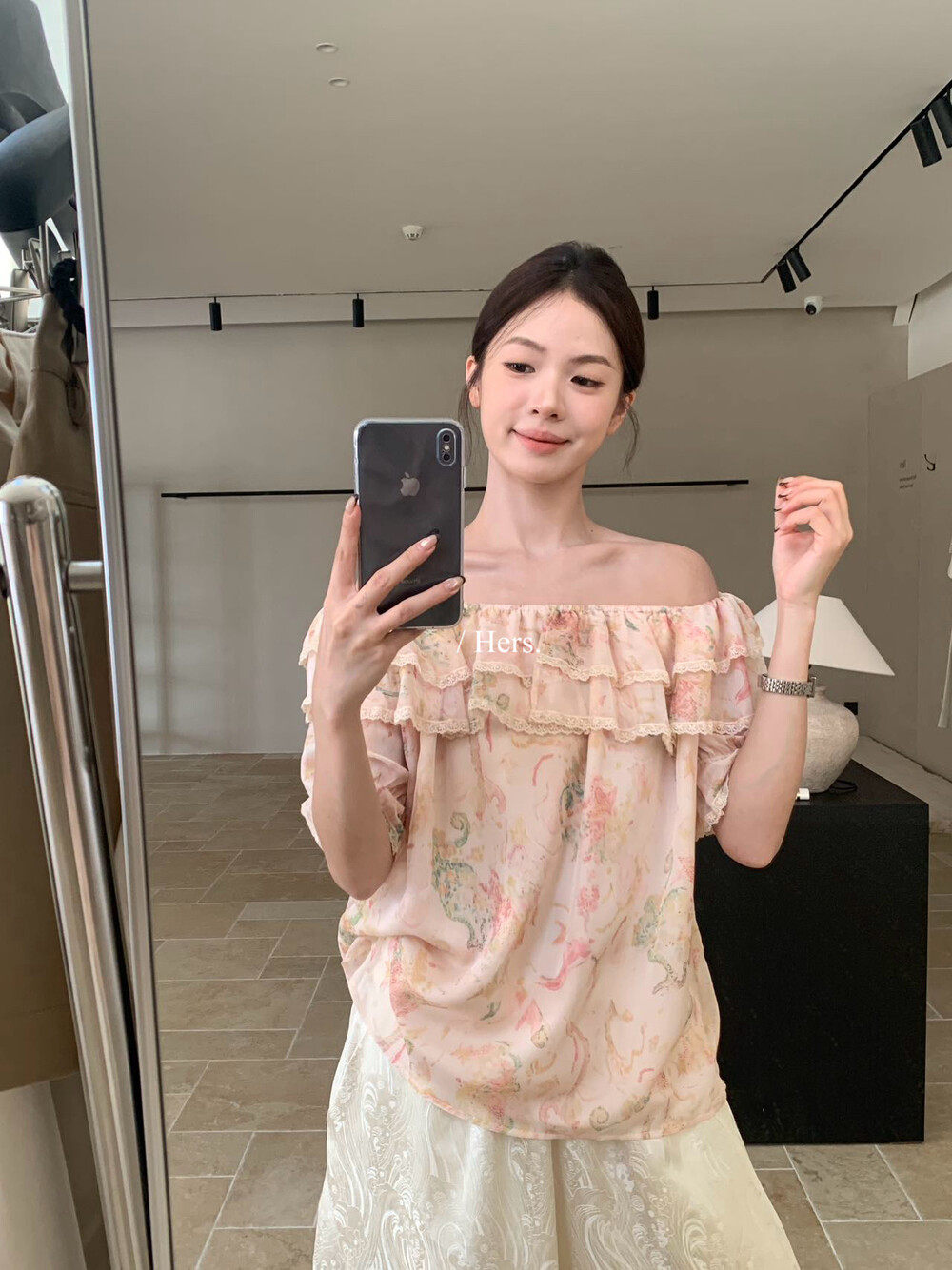 Hers法式小众花色可一字肩小衫女