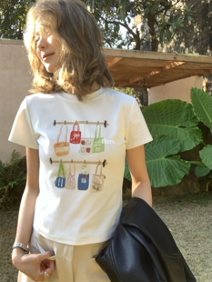 休闲设计感串珠购物袋图案短袖 一勺甜26年春季 T恤女80183 Hers