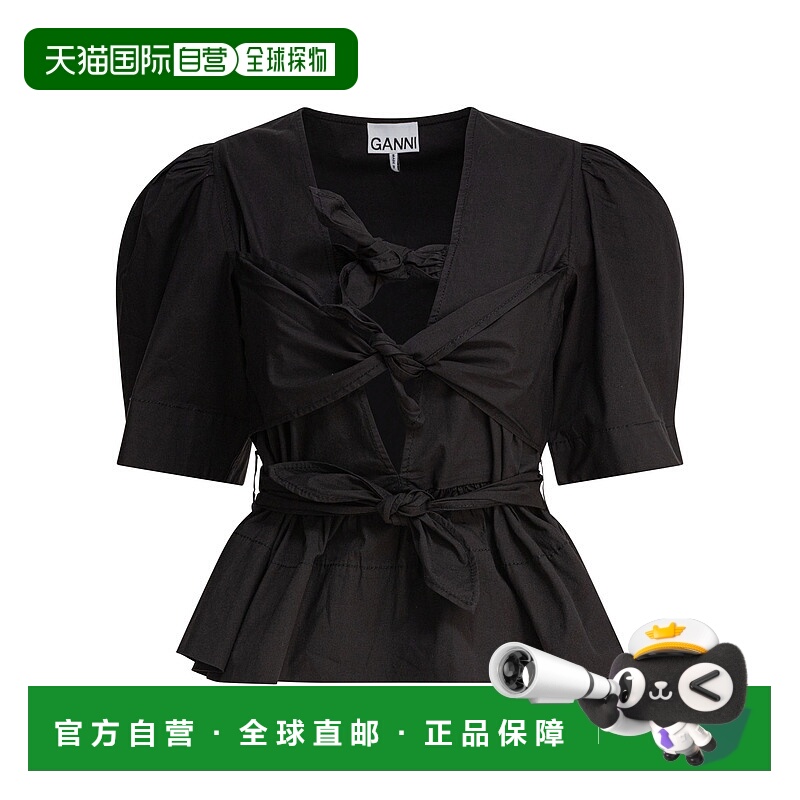 GANNI 女士衬衫 W0378099 AW2025 黑色 Tie Blouse
