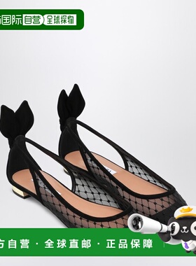 1h可退 潮奢 AQUAZZURA 女士 黑色网纱绒面革蝴蝶结芭蕾平底鞋 DN