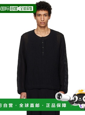 1h可退 潮奢 Commas 男士 黑色 Sheer Stripe Linen Woven 亨利衫