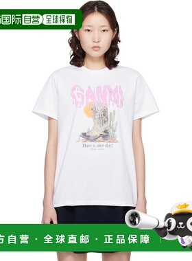 1h可退 潮奢 GANNI 甘尼 女士 白色 Western Boot Print T 恤 A10