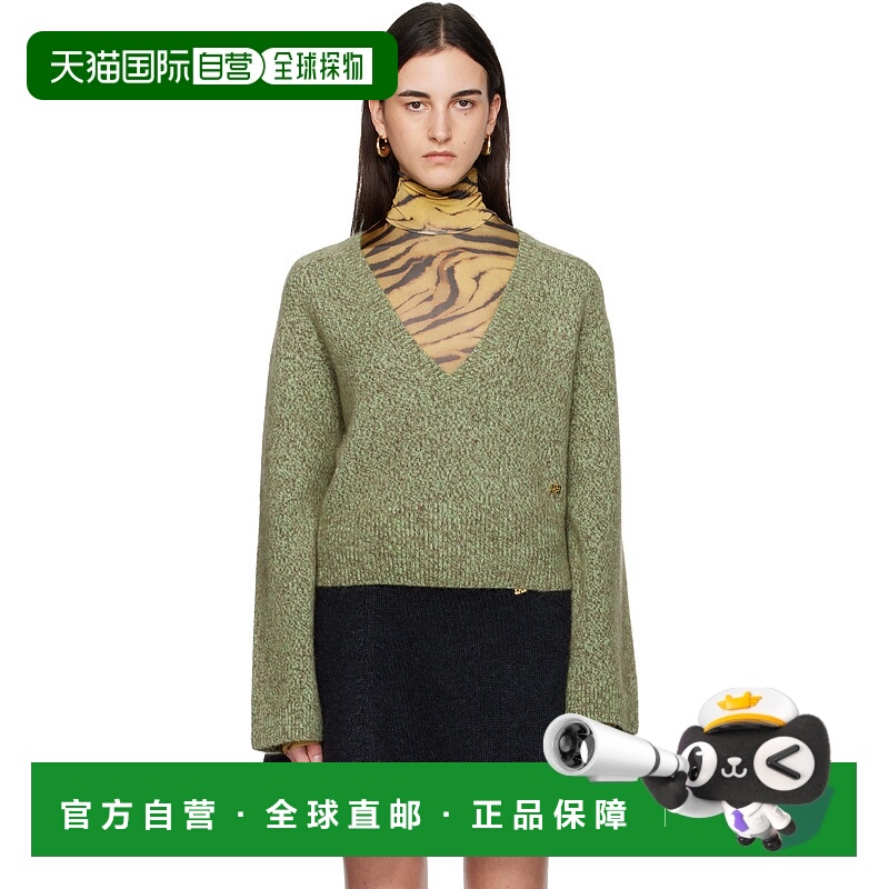 1h可退 潮奢 GANNI 甘尼 女士 绿色 Brushed Mohair Mix Deep V-N