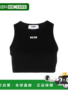 MSGM 女士黑色背心 字母印花圆领宽肩带短款修身吊带背心新款