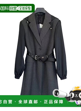 PRADA 女士外套 P660QH109XF0480 AW2023 灰色 束腰单排扣大衣