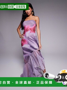1h可退 潮奢 ASOS 女士 设计抹胸不对称皱褶下摆淡紫色抽象印花长