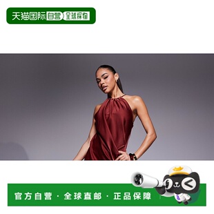 女士 ASOS 设计缎面挂脖开衩铁锈色长款 连衣裙 1h可退 deep 潮奢