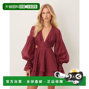 设计欧根纱褶裥迷你宽袖 1h可退 女士 ASOS 翻边酒红色连衣裙 潮奢