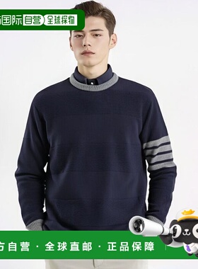 THOM BROWNE 男士藏蓝色针织衫 条纹刺绣拼色针织衫羊毛