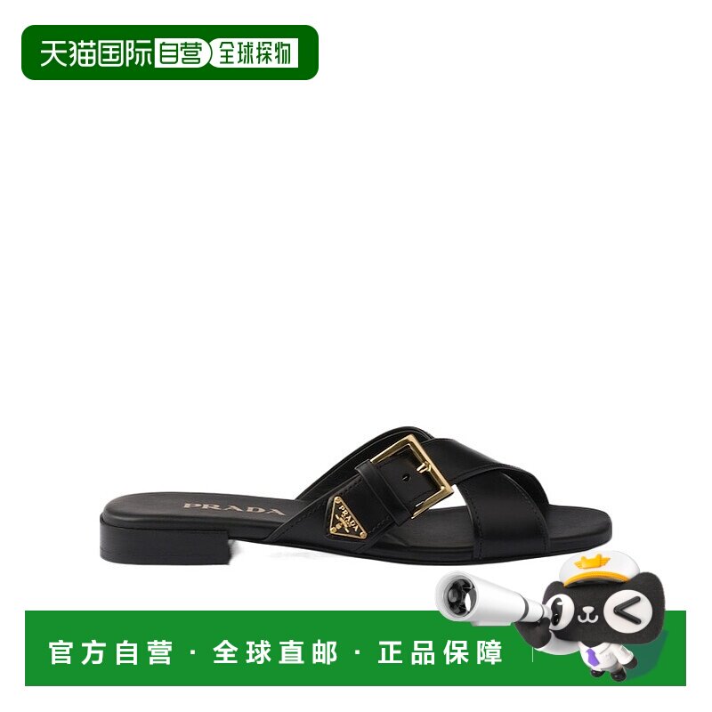 1h可退 PRADA 女士拖鞋 1XX778248F010F0002 CO 黑色 革交叉拖鞋