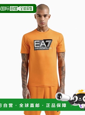 EA7 男士橙色短袖T恤衫 字母logo圆领套头短袖T恤阿玛尼