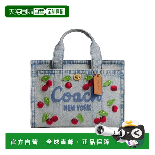 COACH 专柜款女士Cargo 20樱桃刺绣中号手提包牛仔布单肩斜挎包CD