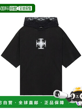 WE11DONE 男士T恤 WDTH025842UBK SS2025 黑色 心形十字分层连帽