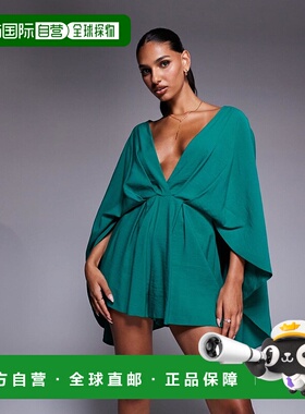 1h可退 潮奢 ASOS 女士 设计夸张袖深V绿色连体衣性感