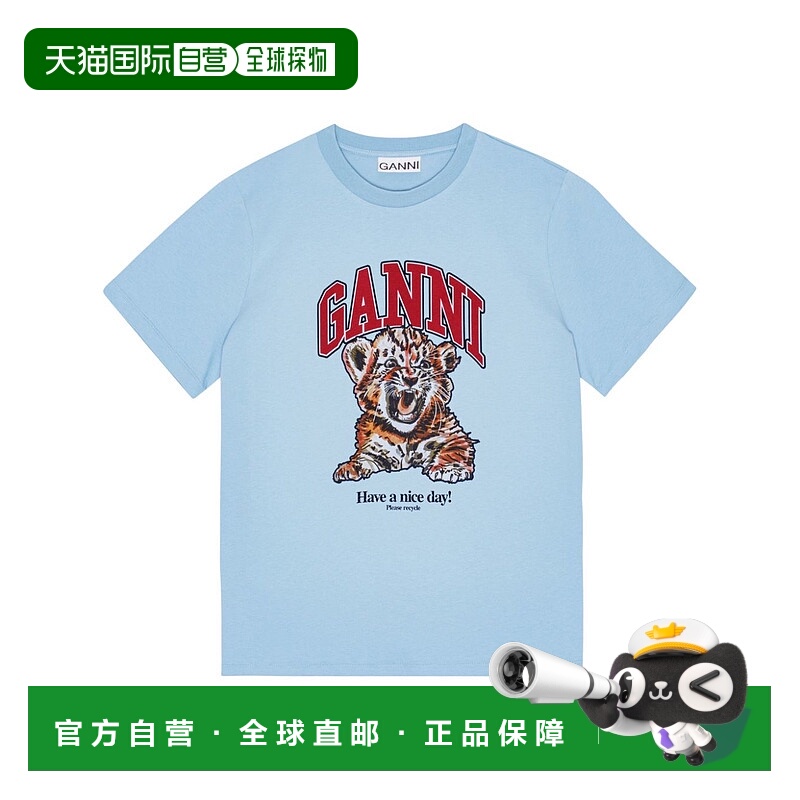 1h可退 潮奢 GANNI 甘尼 女士 印花T恤 T4007 blue蓝色 舒适时尚