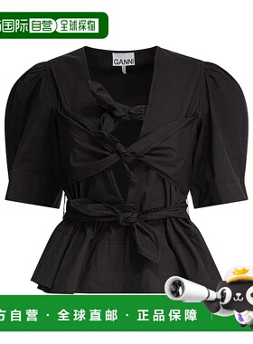 GANNI 女士衬衫 W0378099 AW2025  短袖黑色泡泡袖罩衫