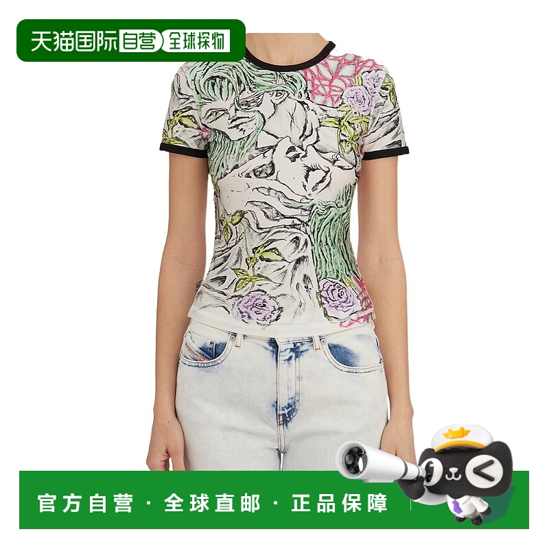 1h可退 DIESEL 女士T恤 A166360KNAU141 SS2025 花色 纹身印花T恤