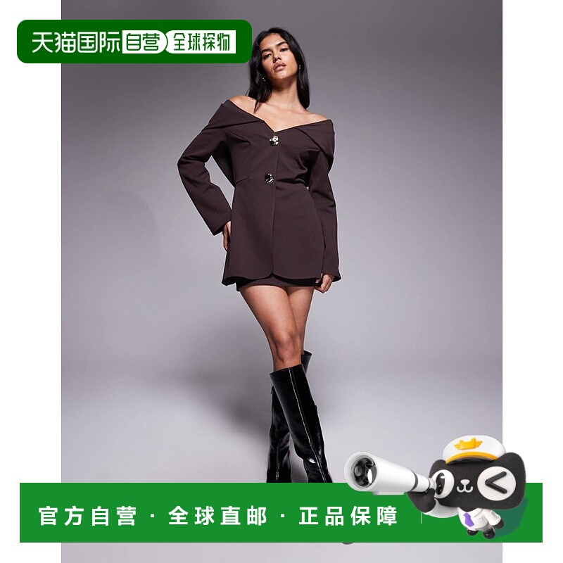 1h可退 潮奢 ASOS 女士 dress 设计双下摆迷你短款金色系扣网纱肩