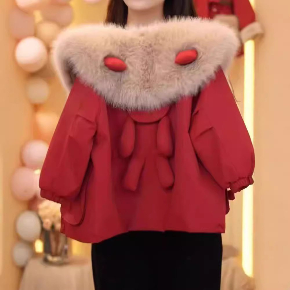 女童棉衣冬装派克服2025新款韩版红色拜年服宝宝加绒加厚棉服外套