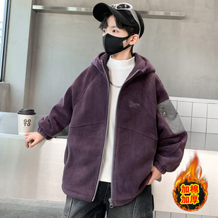 男童外套秋冬款2025新款加绒加厚中大儿童冬季摇粒绒夹克连帽