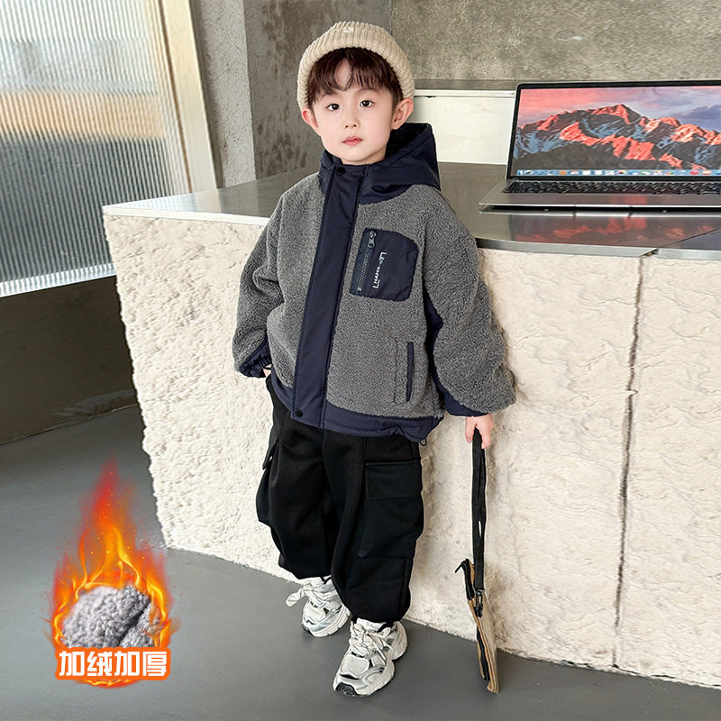男童酷帅毛毛衣2025冬季儿童加绒加厚外套宝宝小男孩保暖棉袄冬装
