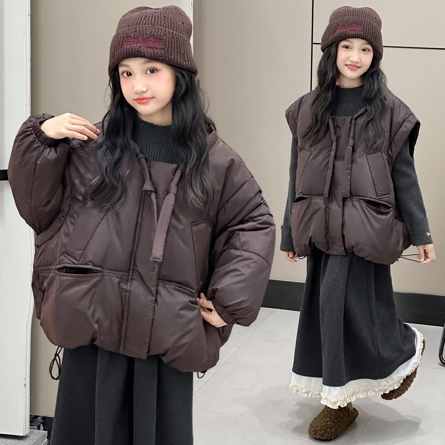 女童冬装棉服袖子可拆卸马甲2025新款时髦中大童时髦宽松冬季棉衣