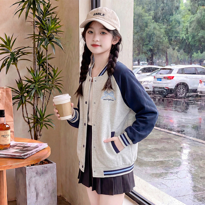 女童外套棒球服2026新款秋季时尚拼色绣花中大童儿童韩版秋装上衣