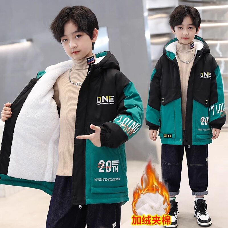 儿童装男童加绒派克服外套秋冬加厚棉衣2026新款洋帅气棉袄炸街潮