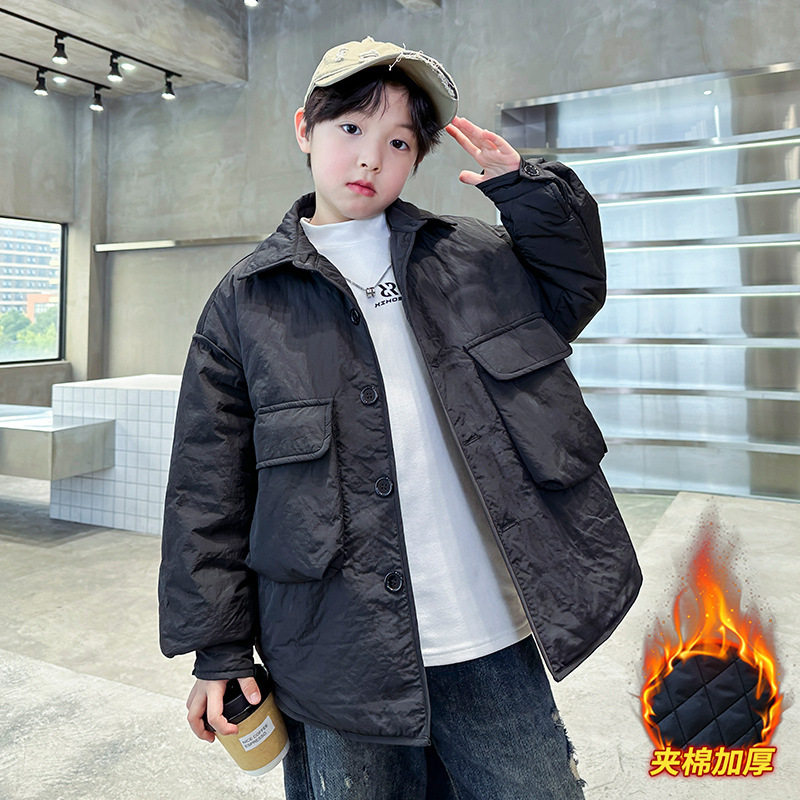 男童夹棉衬衫外套秋冬款2025新款中大童加厚男孩冬季儿童二棉