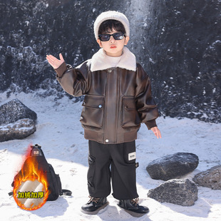 男童加绒外套秋冬装2025新款宝宝加厚皮衣上衣儿童冬装痞帅棉衣