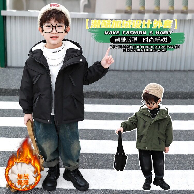 男童冬装加绒兔毛派克服韩版儿童装加厚帅气连帽棉衣中小童外套